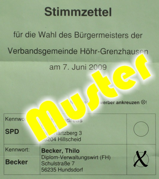 Muster des Stimmzettels fÃ¼r die BÃ¼rgermeisterwahl der Verbandsgemeinde